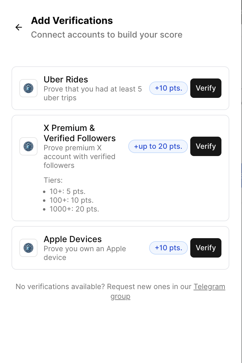 Add Verifications screen showing Uber Rides, X Verified Followers, and Apple Devices options